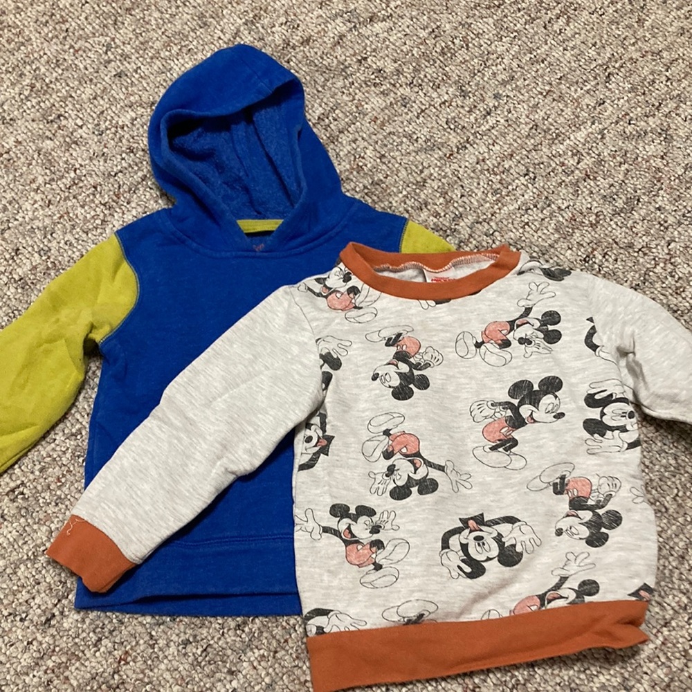 Two 3T sweatshirts: blue hoodie and Mickey Mouse